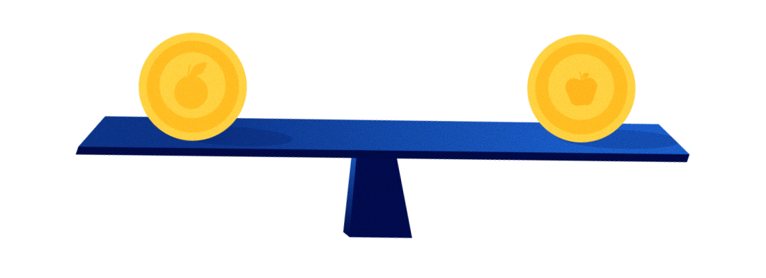 An animation of apple and orange coins balancing on a scale.