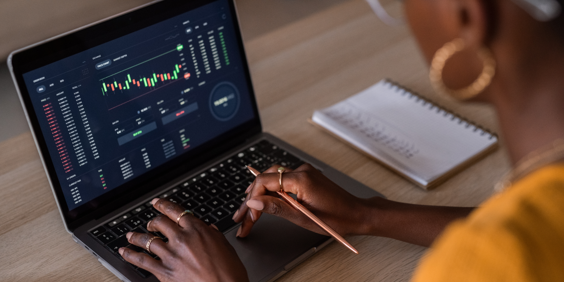 Woman checking market data.