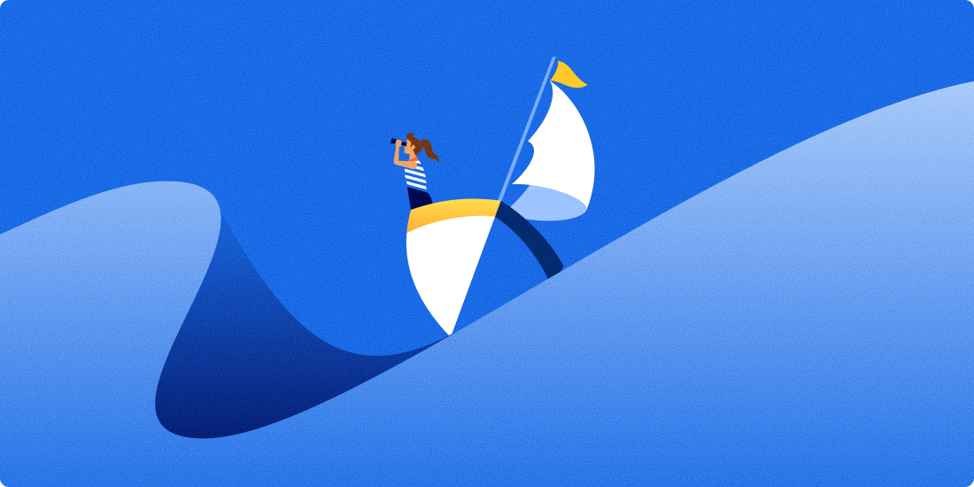 An illustration of a boat navigating big waves.