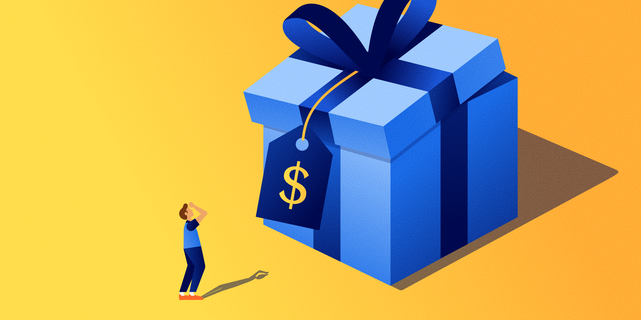 A person looking at an oversized gift. 